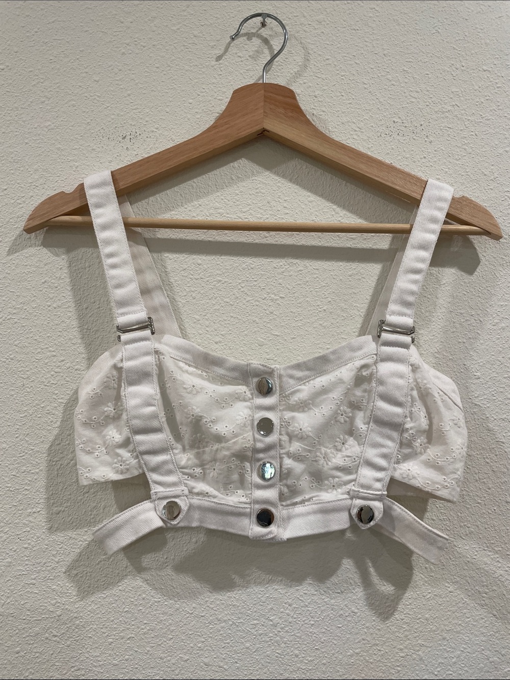 Y2K For Love and Lemons White Eyelet Button-Front Crop Top Bustier Small